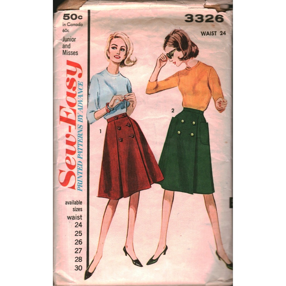 Vintage Advance 3326 Sewing Pattern Coachman Front Wrap Skirt W 24 Junior Miss